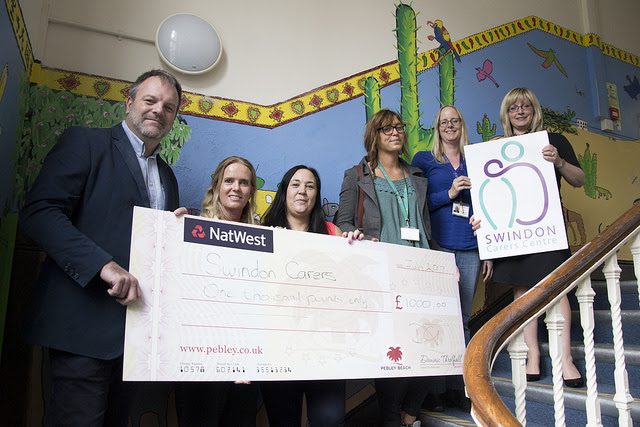 Dominic Threlfall of Pebley Beach with Ann Giles, Melanie Dix, Jo Vertannes, Tina Richards and Fiona Prinzi of Swindon Carers Centre