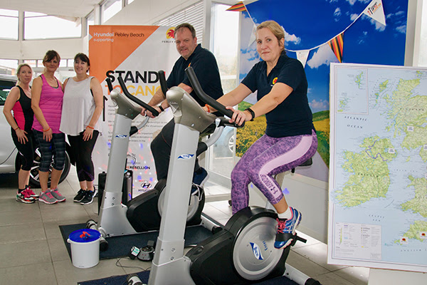 Cyclists Laura Lockyer, Lesley Jones, and Dee Theobald with Pebley MD Dominic Threlfall and Jane Newton on the marathon cycle ride