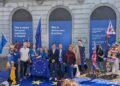 Swindon dancers Steve Rouse and Marisa Zoeller celebrate outside the European Parliament in Brussels after completing a 360km walk from Westminster as part of the Rejoin Ramble.