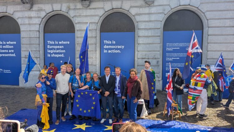 Swindon dancers Steve Rouse and Marisa Zoeller celebrate outside the European Parliament in Brussels after completing a 360km walk from Westminster as part of the Rejoin Ramble.