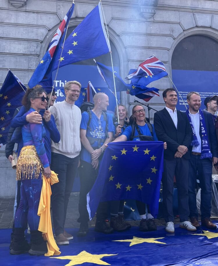 Swindon dancers Steve Rouse and Marisa Zoeller celebrate outside the European Parliament in Brussels after completing a 360km walk from Westminster as part of the Rejoin Ramble.