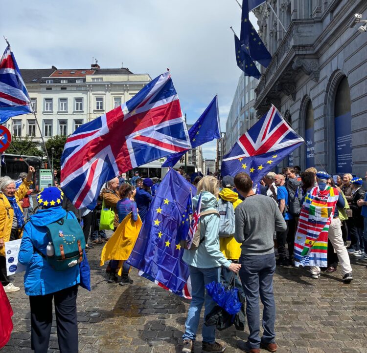 Swindon dancers Steve Rouse and Marisa Zoeller celebrate outside the European Parliament in Brussels after completing a 360km walk from Westminster as part of the Rejoin Ramble.