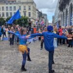Swindon dancers Steve Rouse and Marisa Zoeller celebrate outside the European Parliament in Brussels after completing a 360km walk from Westminster as part of the Rejoin Ramble.
