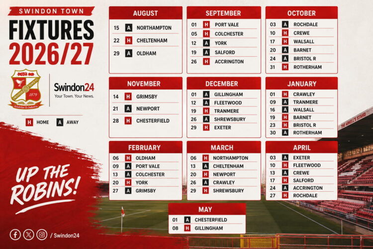 Swindon24 graphic showing Swindon Town's complete 2026/27 League Two fixture list, including home and away matches from August 2026 to May 2027.